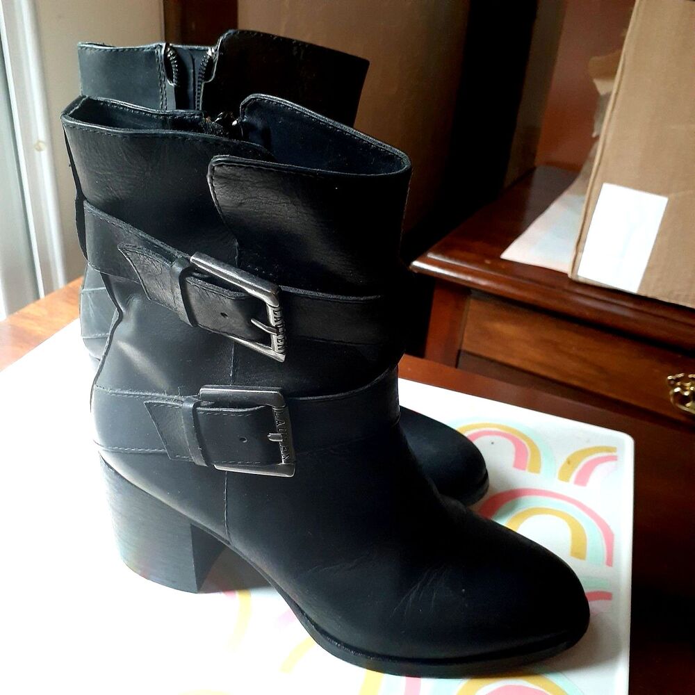 Lauren Ralph Lauren 6 m Black Leather Biker Moto Buckle Block Heel Ankle Boots